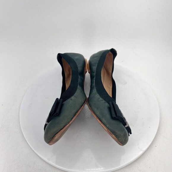 Tory Burch Women Size 7M Green Leather Bow Slip On Elastic Ballet Flat Shoes - Picture 9 of 14